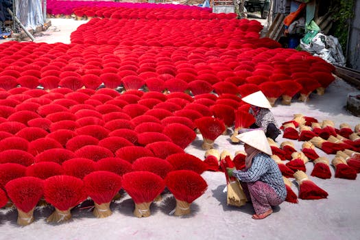 Workers arrange vibrant red incense sticks drying outdoors in a traditional craft setting.